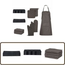 Ensemble de serviettes et gants de four porte-pots 15 pcs noir - Ensemble De Serviettes - Serviettes De Cuisine - Torchons - Tablier - Maniques