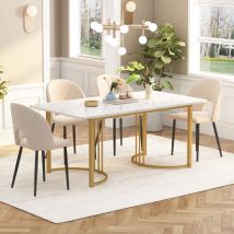 Ensemble de table à manger cuisine moderne (140 × 80 cm table + 4 chaises), motif losange, velours beige, plateau de table blanc, pieds de table or