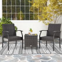 Ensemble de Table et Chaises de Patio en Osier 3 Pièces Siège Rembourré Plateau en Verre Trempé Cadre en Métal Renforcé Mobilier en Rotin Tissé