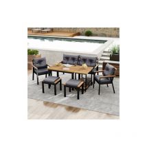 Ensemble de table et de chaises en bois d'acacia, meubles de jardin, ensemble de table et de chaises de jardin 6 - 7 places avec fauteuil et chariot
