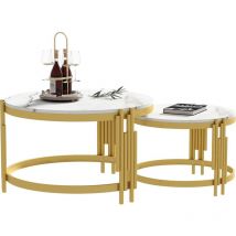 Ensemble de tables basses modulables, aspect marbre, structure en métal doré, tables rondes en deux tailles