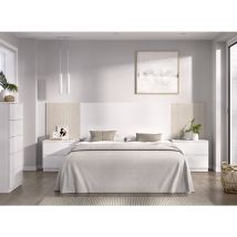 Ensemble de Tête de lit avec 2 tables de chevet de 2 tiroirs et commode haute avec 5 tiroirs coloris imitation lamelles, blanc