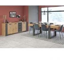 Ensemble enfilade + table LOFT - PARISOT - Chene Artisan et gris - 3 portes - 8 personnes