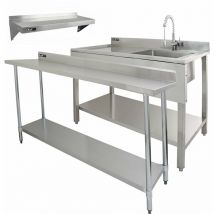 Ensemble Evier de Cuisine, Plan de Travail 180cm & 1 Etagère Murale Inox - Restaurant, Café, Bars horeca cdrh , Hotel, Ensemble Complet Pour Cuisine