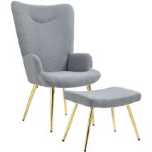 Ensemble fauteuil à oreilles repose-pieds style néo-rétro piètement acier doré effet laine bouclée grise