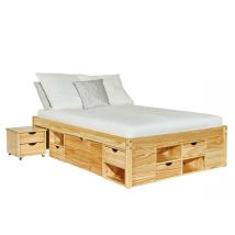 Inter Link - Ensemble Lit 140x200 Cm + 2 Chevets En Pin Massif Naturel - Chamonix