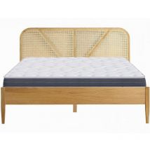 Ensemble lit adulte 160x200 cm en bois avec tête de lit en cannage Leonie + Matelas mémoire de forme Memo hr