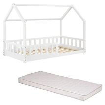 Laïba Kids - Ensemble Lit Cabane Oasis Blanc 90x190 cm + Matelas Enfant 90x190 Cm