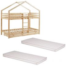 Laïba Kids - Ensemble Lit superposé Avec tiroir Beige 90x190 + 2 Matelas enfant 90x190