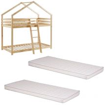 Ensemble Lit Superposé Beige 90x190 + 2 Matelas Enfants 90x190 Laïba Kids