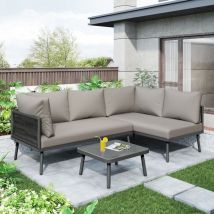 Ensemble lounge corde grise en fer l avec coussin d'assise, pieds réglables, 2 canapés et 1 table