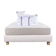 Ensemble Matelas Dreamlux 26cm ressorts ensachés ferme face été/hiver+sommier beige ep20cm+oreiller+couette, 140x190cm