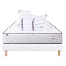 Ensemble Matelas Iris (20 cm) mousse haute densité, ferme, face été/hiver, Sommier blanc (13cm), Oreiller et Couette, 140x200cm