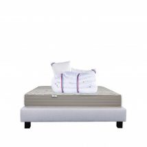 Ensemble Matelas Organic Cotton, 24 cm, mousses haute densité, ferme, face été/hiver + sommier gris ep20cm + oreiller + couette, 140x190cm