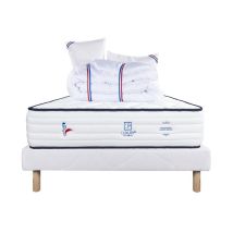 Ensemble Matelas Patriote, 27 cm, ressorts ensachés, ferme, face été/hiver + sommier blanc ep 13cm + oreiller + couette, 140x200cm