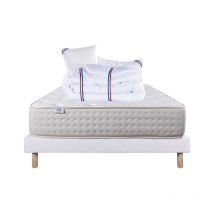 Ensemble Matelas Purlux, 26 cm, mousses haute densité, ferme, face été/hiver + sommier blanc ep 13cm + oreiller + couette, 160x200cm