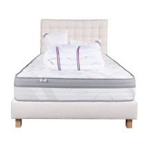 Ensemble Matelas Relaxation, 26 cm, ressorts ensachés, ferme, face été/hiver+sommier beige ep20cm+oreiller+couette+Tête de Lit, 140x190cm