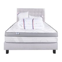 Ensemble Matelas Relaxation, 26 cm, ressorts ensachés, ferme, face été/hiver+sommier gris ep20cm+oreiller+couette+Tête de Lit, 140x190cm