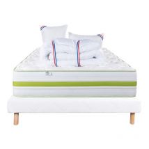 Ensemble Matelas Rêverie, 30 cm, mousses haute densité, ferme, face été/hiver + sommier blanc ep 13cm + oreiller + couette, 140x200cm