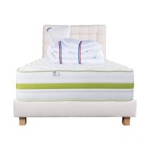Ensemble Matelas Rêverie, 30 cm, mousses haute densité, ferme, face été/hiver+sommier beige ep20cm+oreiller+couette+Tête de Lit, 90x190cm