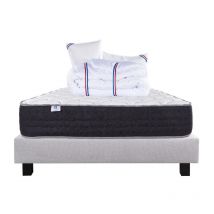Ensemble Matelas Serenite, 27 cm, ressorts ensachés, ferme, face été/hiver + sommier gris ep20cm + oreiller + couette, 160x200cm