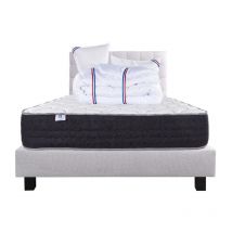 Ensemble Matelas Serenite, 27 cm, ressorts ensachés, ferme, face été/hiver+sommier gris ep20cm+oreiller+couette+Tête de Lit, 140x200cm