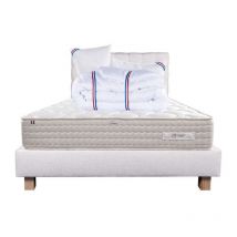 Ensemble Matelas Sublime, 20 cm, mousses haute densité, ferme, face été/hiver + sommier beige ep20cm + oreiller + couette, 140x200cm