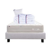 Ensemble Matelas Sublime, 20 cm, mousses haute densité, ferme, face été/hiver + sommier gris ep20cm + oreiller + couette, 90x190cm