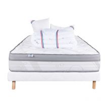 Ensemble Matelas ViscoPlus, 26 cm, mousses haute densité, ferme, face été/hiver + sommier blanc ep 13cm + oreiller + couette, 140x200cm