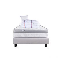 Ensemble Matelas ViscoPlus, 26 cm, mousses haute densité, ferme, face été/hiver + sommier gris ep20cm + oreiller + couette, 90x190cm