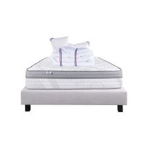 Ensemble Matelas ViscoPlus, 26 cm, mousses haute densité, ferme, face été/hiver + sommier gris ep20cm + oreiller + couette, 140x190cm