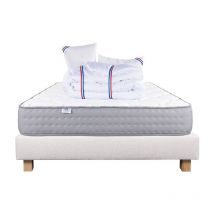 Ensemble Matelas Zen (20 cm), ferme, face été/hiver,Sommier beige (20cm), Oreiller et Couette, 160x200cm