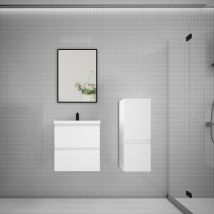 Biubiubath - Ensemble meuble blanc et vasque L.50cm 2 tiroirs + colonne + lavabo + miroir-suspendu