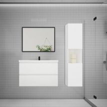 Biubiubath - Ensemble meuble blanc et vasque L.79cm 2 tiroirs + colonne1 haut + lavabo + miroir 80x60cm-suspendu