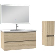 Biubiubath - Ensemble meuble de salle de bain 100cm, vasque céramique + colonne bas + miroir lumineux, chêne