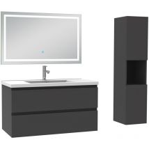 Biubiubath - Ensemble meuble de salle de bain 100cm, vasque céramique + colonne haut + led miroir mural, anthracite