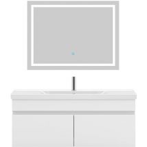 Biubiubath - Ensemble meuble de salle de bain 100cm, vasque céramique et led miroir, blanc