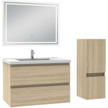 Biubiubath - Ensemble meuble de salle de bain 80cm, vasque céramique + colonne bas + led miroir rectangulaire, chêne