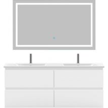 Biubiubath - Ensemble meuble de salle de bain 120cm, vasque céramique et led miroir, blanc