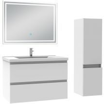 Biubiubath - Ensemble meuble de salle de bain 80cm, vasque céramique + colonne + led miroir rectangulaire, blanc