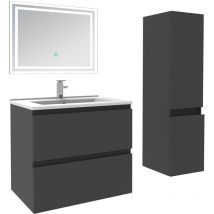 Biubiubath - Ensemble meuble de salle de bain 60cm, vasque céramique + colonne + led miroir rectangulaire, anthracite