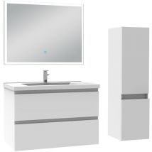 Biubiubath - Ensemble meuble de salle de bain 80cm, vasque céramique + colonne + miroir lumineux, blanc