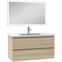 Biubiubath - Ensemble meuble de salle de bain 100cm, vasque céramique et led miroir rectangulaire, chêne