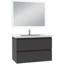 Biubiubath - Ensemble meuble de salle de bain 80cm, vasque céramique et led miroir rectangulaire, anthracite