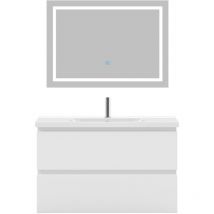 Biubiubath - Ensemble meuble de salle de bain 80cm, vasque céramique + colonne + led miroir, blanc
