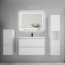 Biubiubath - Ensemble meuble de salle de bain 80cm, vasque + colonne + led miroir,blanc