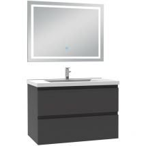Biubiubath - Ensemble meuble de salle de bain avec tiroirs 80cm, vasque céramique et led miroir, anthracite