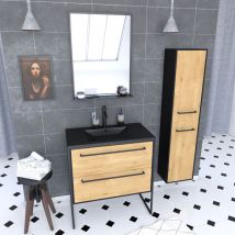 Aurlane - Ensemble Meuble de salle de bain blanc 80cm + vasque noir effet pierre + miroir + colonne rangement
