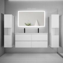 Biubiubath - Ensemble meuble de salle de bains 120cm, double vasque + colonne + led miroir rectangulaire,blanc