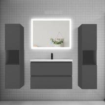 Biubiubath - Ensemble meuble de salle de bains 80cm, simple vasque + colonne + led miroir rectangulaire,anthracite